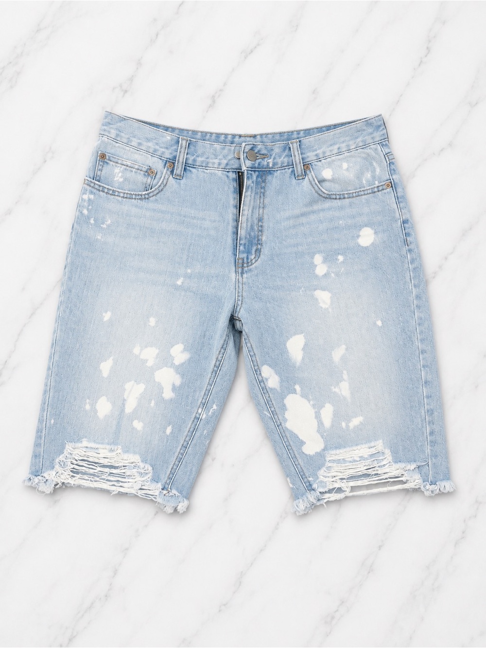 Fashion Nova Light Blue Paint-Splatter Distressed Jean Shorts